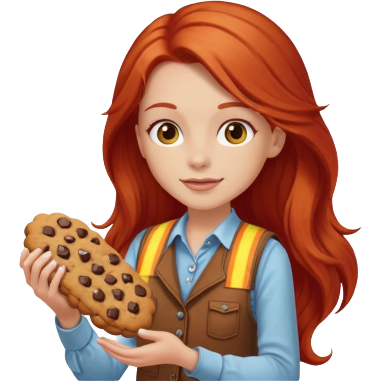 white girl scout with red long hair selling cookies with a brown vest emoji