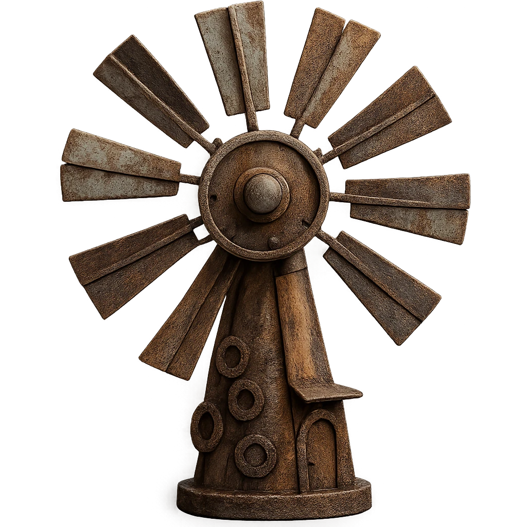 Make the windmill look rusty and weathered, preserving the junk and scrap material details. Keep the transparent background intact. The style should reflect a weathered, rusty look with detailed textures on the junk and scrap materials. emoji