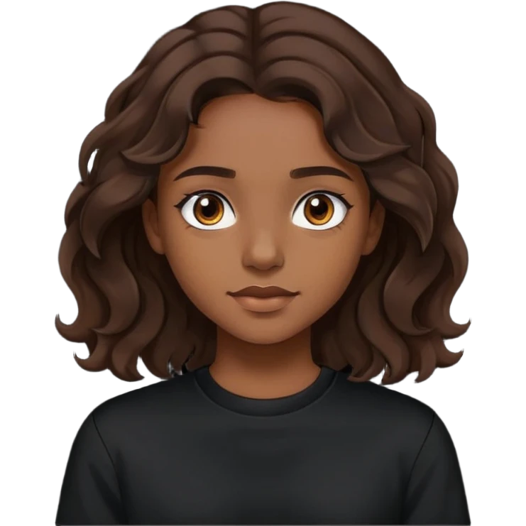 girl with brown skin, dark wavy brown hair shoulder length and black crewneck t-shirt emoji