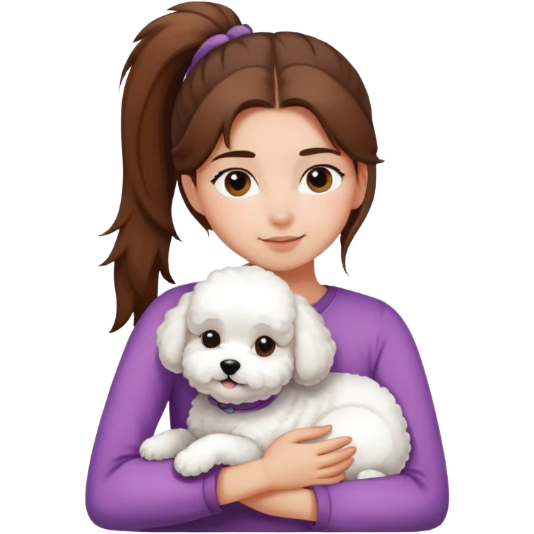 One girl with straight hair in a ponytail，hugging one Bichon frise emoji