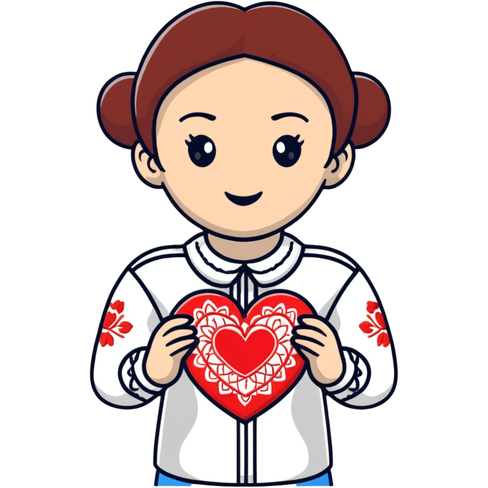 Beautiful young girl in a white Ukrainian embroidered shirt holds a large embroidered heart in her hands emoji