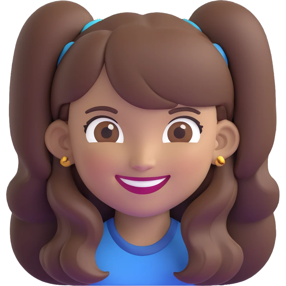 a girl with long brown hair and brown eyes smiling, memoji style, different pose emoji