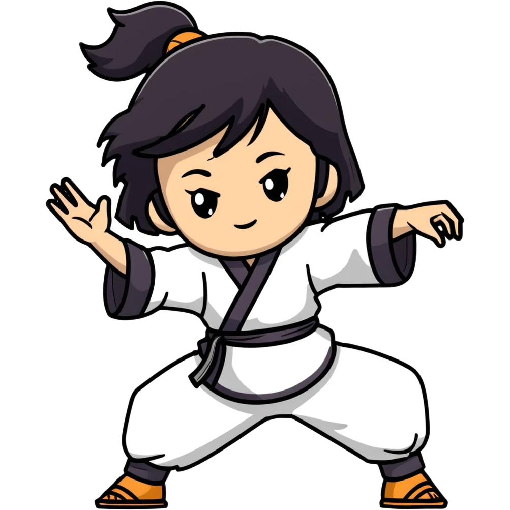 lightskin young girl with black straight hair and dark eyes, taichi pose, flowing clothes emoji