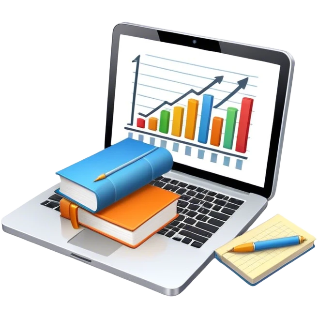 Icon for Business Reading: a prominent book at the forefront, laptop and notepad around it, along with a bar graph and symbolizing ideas and growth. The icon should represent the knowledge and strategy of business literature. Transparent background. emoji