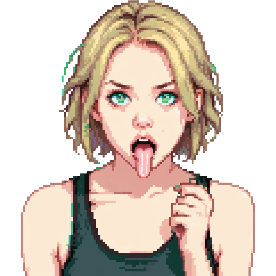 dirty blonde girl with blueish green eyes, black tank top, sticking tongue out and drooling emoji