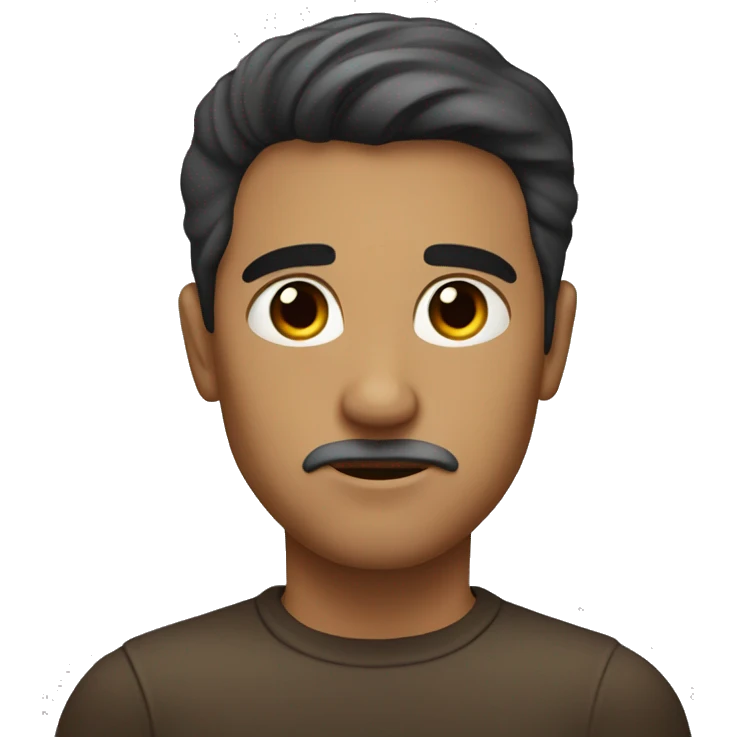 man, Hair is short, straight, and dark brown in color.
Face is oval-shaped.
Eyes are medium-sized, with a serious and slightly contemplative expression. emoji