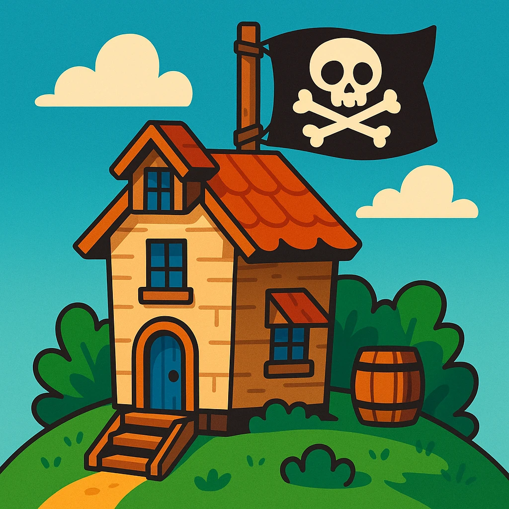old pirate's house with skull flag emoji