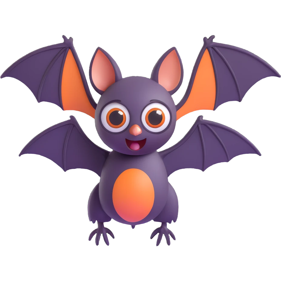 3D emoji style bat, flying at night, big eyes emoji