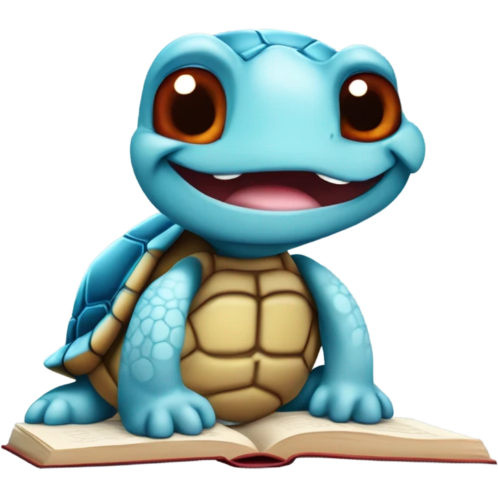 A cute red eye colour, light blue skinned turtle with a brown shell. Reading a booking with a mischievous grin blushing smiling ear to ear  emoji