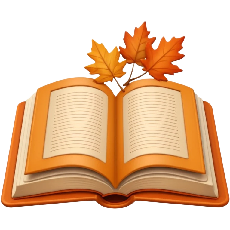 A cute 3D emoji of an open book with autumn leaves around it, cozy fall colors (orange, brown, beige), playful and modern style, glossy finish, minimalistic but expressive, symbolizing a Fall Reading Challenge. emoji