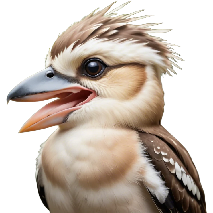Cinematic Cute Yawning Kookaburra Portrait Emoji, Head tilted slightly with a dramatic, wide-open yawn, showcasing a soft, downy brown plumage with gently drooping wings and a relaxed beak, round eyes barely open in drowsy contentment, Simplified yet irresistibly adorable features, highly detailed, glowing with a soft, cozy glow, high shine, relaxed yet expressive, stylized with a touch of bushland charm, bright and endearing, soft glowing outline, capturing the essence of a sleepy yet affectionate kookaburra, so drowsy it feels like it could flutter out of the screen and curl up for a nap! emoji
