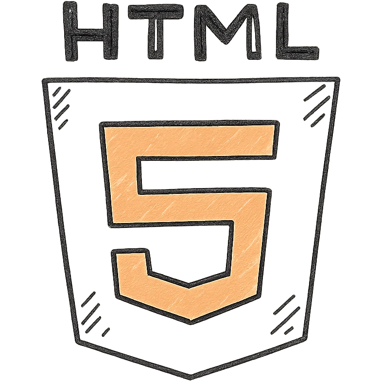 HTML logo as a hand-drawn outlined icon with orange accent emoji