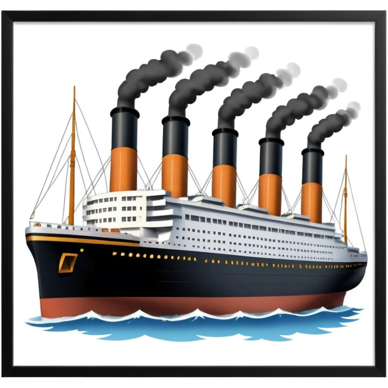 3D emoji style apple, simplified shapes, cartoon-like look, glossy finish, soft shadows, white background, Titanic ship with four smokestacks, black hull, white upper decks, recognizable key features emoji