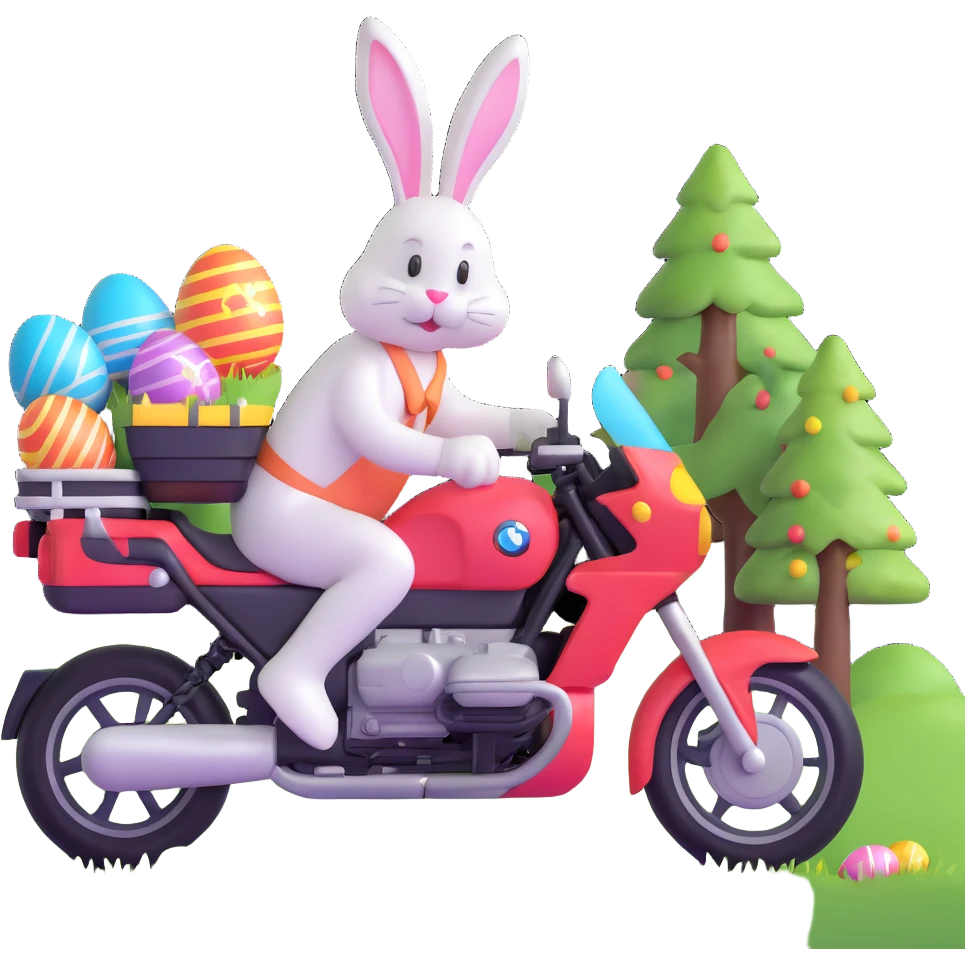 Easter bunny riding a BMW boxer motorcycle with trees and grass in the background, colorful Easter eggs hidden in the grass, and more bunnies watching from the side of the road emoji