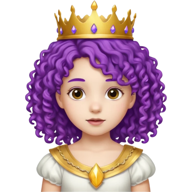 Princesses kid girl, with Gold Crown on purple curly hair, with white dress emoji