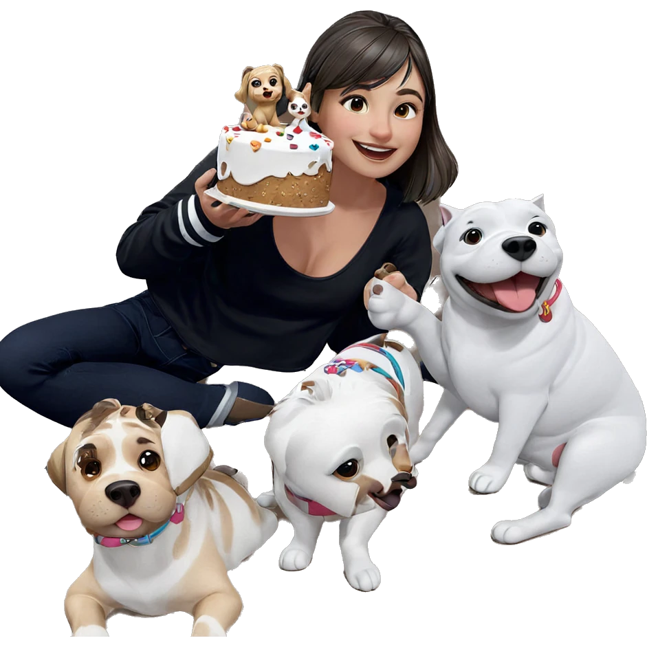 smiling girl with cake and dog emoji