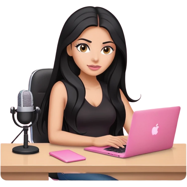 tanned long black hair woman, sat at desk with pink MacBook, podcast microphone black top and pink, sexy emoji