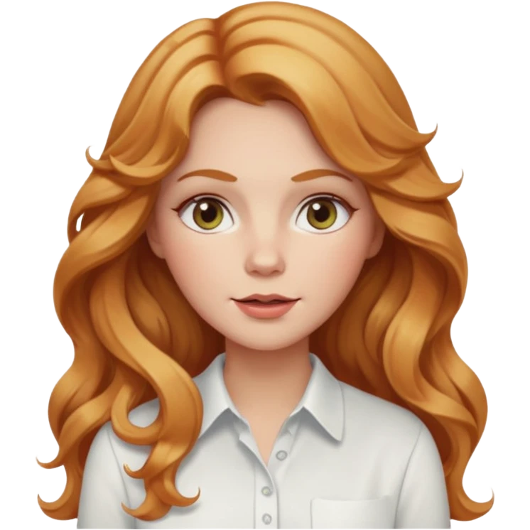 white adult woman with strawberry blonde super long wavy hair, white shirt, blushed cheeks emoji