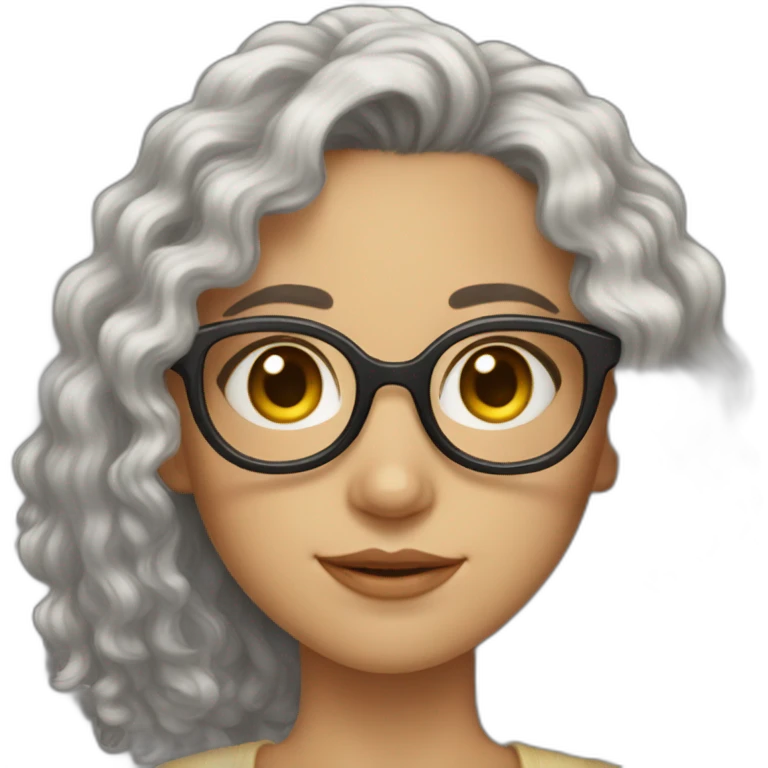 Caucasian girl, long curly black hair, brown eyes, golden glasses with tiny frames, just face emoji