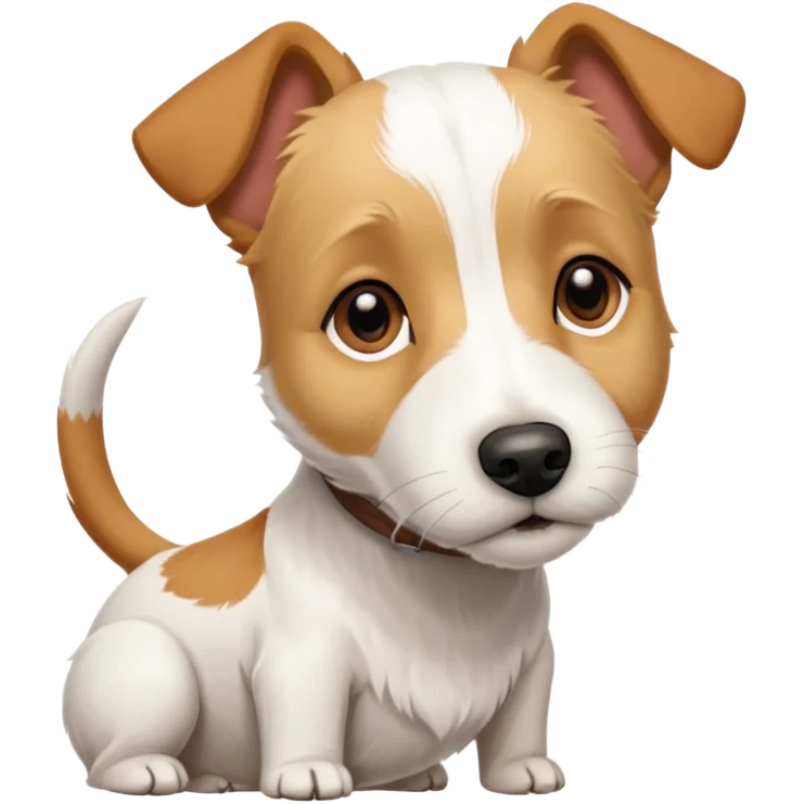a full body facing front on of a buff white parson russell terrier looking dog the size of a kelpie with light brown long ears resting on its face and a light brown patch on one eye and a large snout. the rest of the dog is completely white.  emoji