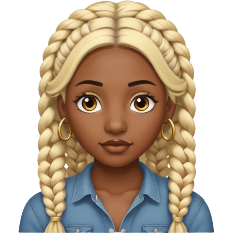 A dark-skinned woman with long blonde hair styled into two thick braids, large golden-brown eyes and arched eyebrows.  a silver eyebrow ring, a nose stud, and a lip ring. emoji