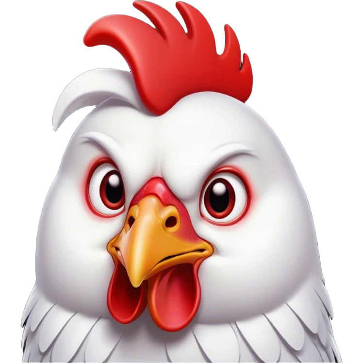 Cinematic Comical White Chicken Portrait Emoji, Head tilted dramatically with an exaggeratedly shocked or amused expression, featuring a sleek, immaculate white plumage with a prominent red comb, wide, expressive beady eyes filled with playful disbelief, Simplified yet hilariously expressive features, highly detailed, glowing with a slightly sassy glow, high shine, dramatic yet playful, stylized with an air of cheeky mischief, bright and endearing, soft glowing outline, capturing the essence of a spirited and over-the-top chicken, so meme-worthy it feels like it could cluck its way into internet fame instantly! emoji