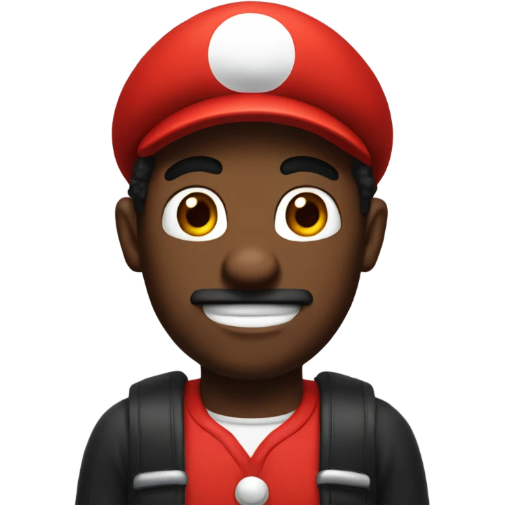 Black man wearing giant Mario costume head emoji