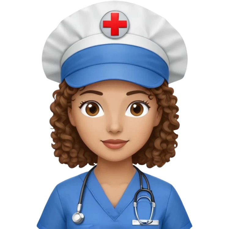 Latina nurse with curly hair, wearing scrubs and a nurse cap emoji