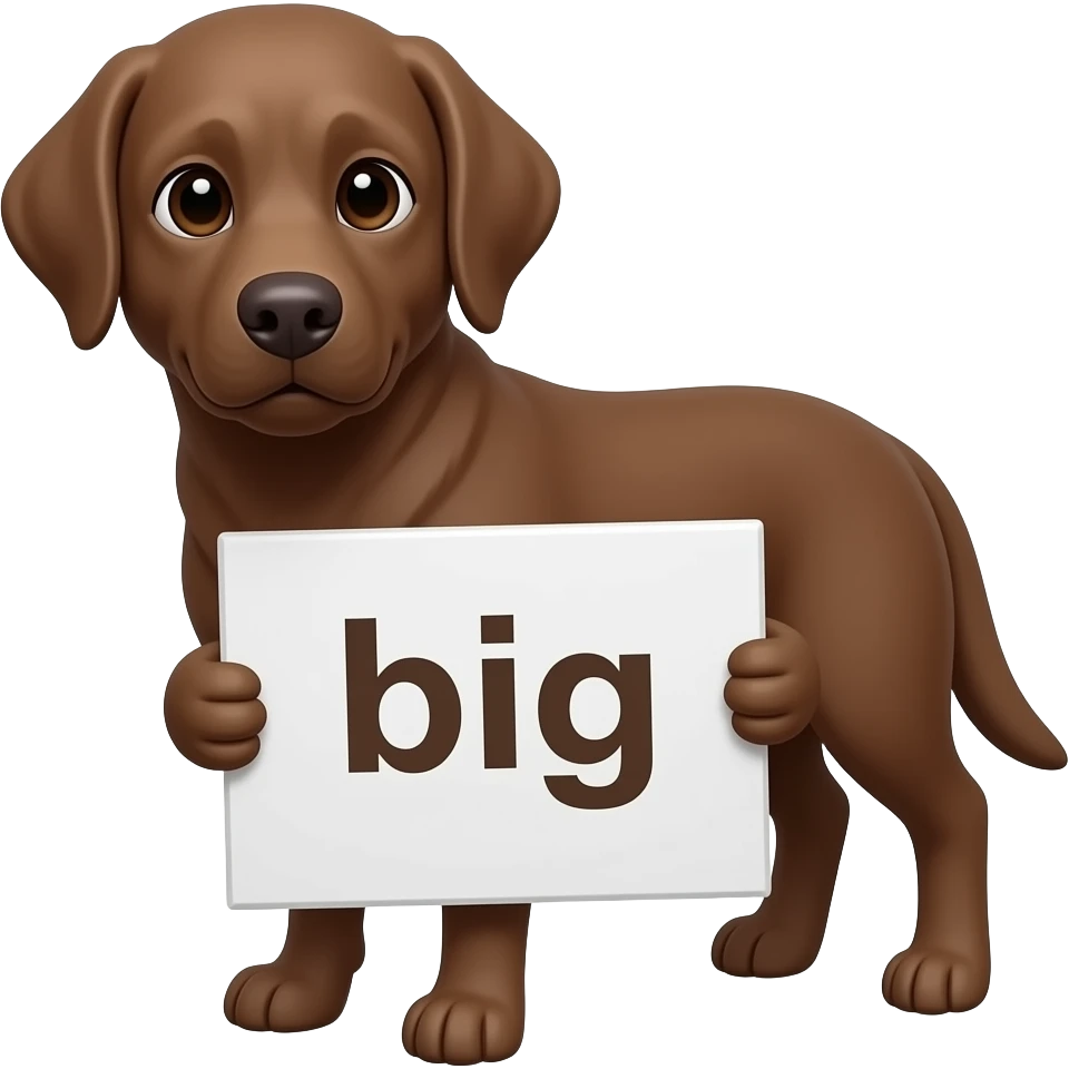 A dog holding   A sign that says “big” emoji