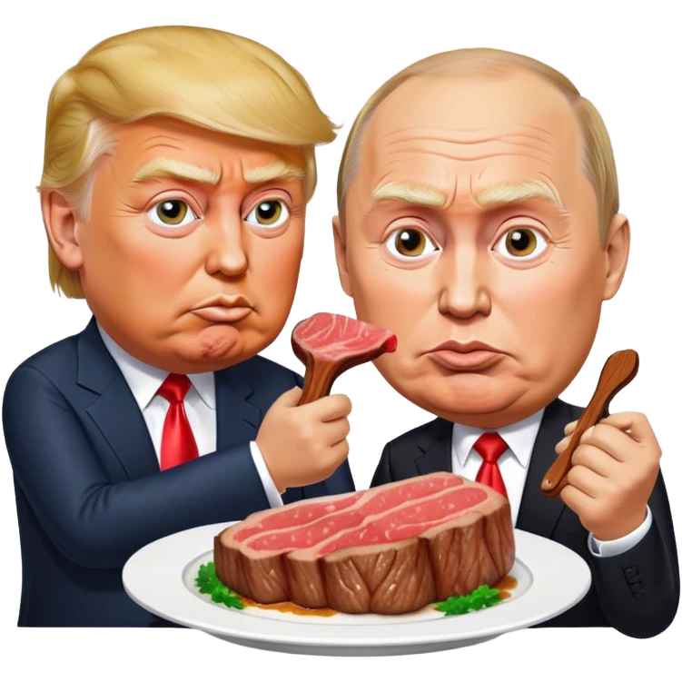 photorealistic Donald Trump and Putin eating a steak shaped like an piece of land emoji
