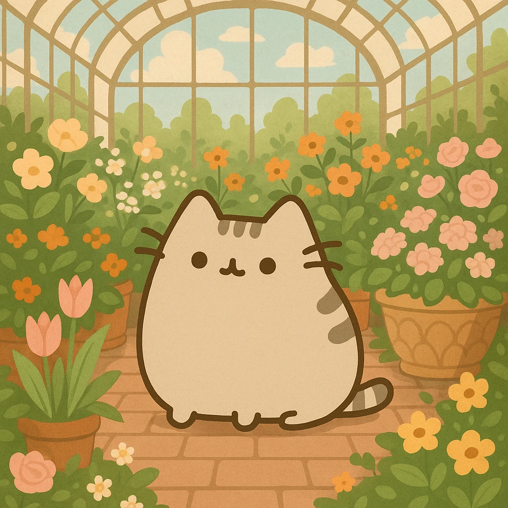 beige pusheen kitten in a botanical garden greenhouse filled with flowers emoji
