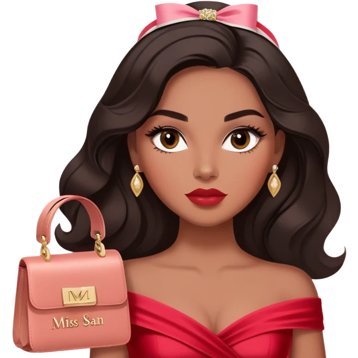A woman with darker almond-toned skin, more voluminous dark hair in waves, expressive eyes with soft lashes and shimmer, full lips with a glossy nude-pink color, wearing a red dress and a white crossbody sash with “Miss San Juan” in black letters, exuding elegance and confidence emoji