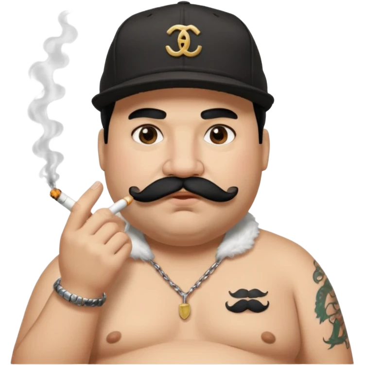 a fat father with white fur, black hair, a hip hop cap, a tattoo with a cigarette in his mouth, and a mustache. emoji