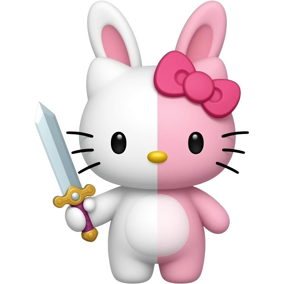 Um coelho de pelúcia metade branco é rosa as duas metafes com a cara fofa lacinho rosa na cabeça orelhas pra cima segurando uma espada da hello kitty ela se chama monomi emoji