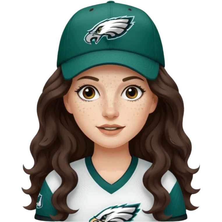 White girl with long dark brown wavy hair and freckles wearring a Philadelphia eagles jersey and hat emoji