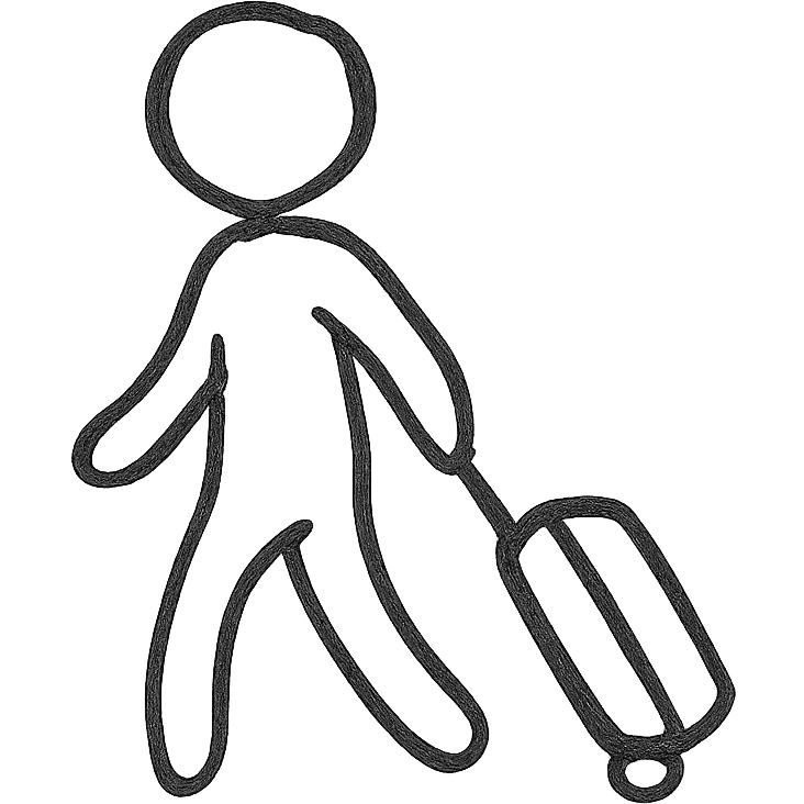 silhouette of a person with a traveling suitcase, minimal, black on white emoji