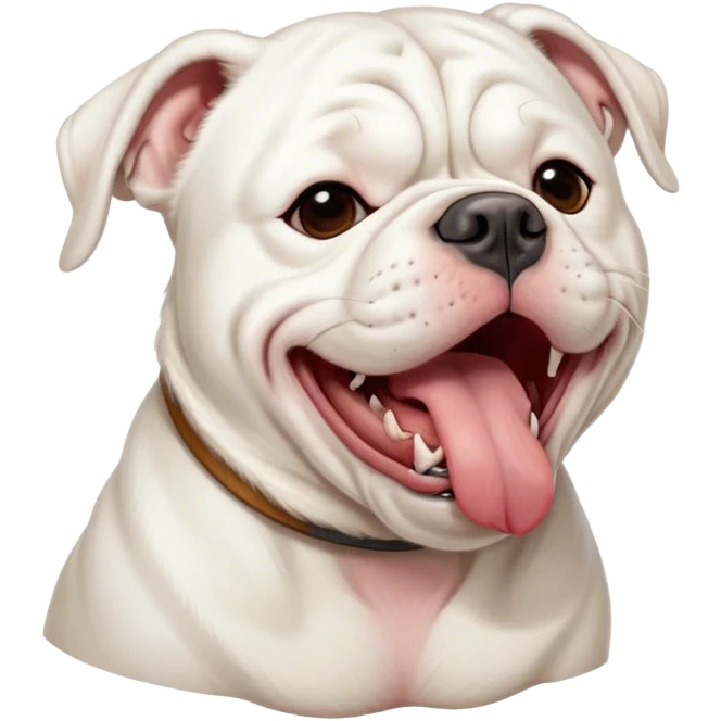 Cinematic Cute Yawning White American Bulldog Portrait Emoji, Head tilted slightly with a dramatic, wide-open yawn, short white fur with a velvety texture, floppy ears slightly drooping, round brown eyes barely open in drowsy contentment, Simplified yet irresistibly adorable features, highly detailed, glowing with a soft, cozy glow, high shine, relaxed yet expressive, stylized with a touch of whimsy, bright and endearing, soft glowing outline, capturing the essence of a sleepy yet affectionate pup, so drowsy it feels like it could stretch right out of the screen and curl up for a nap! emoji