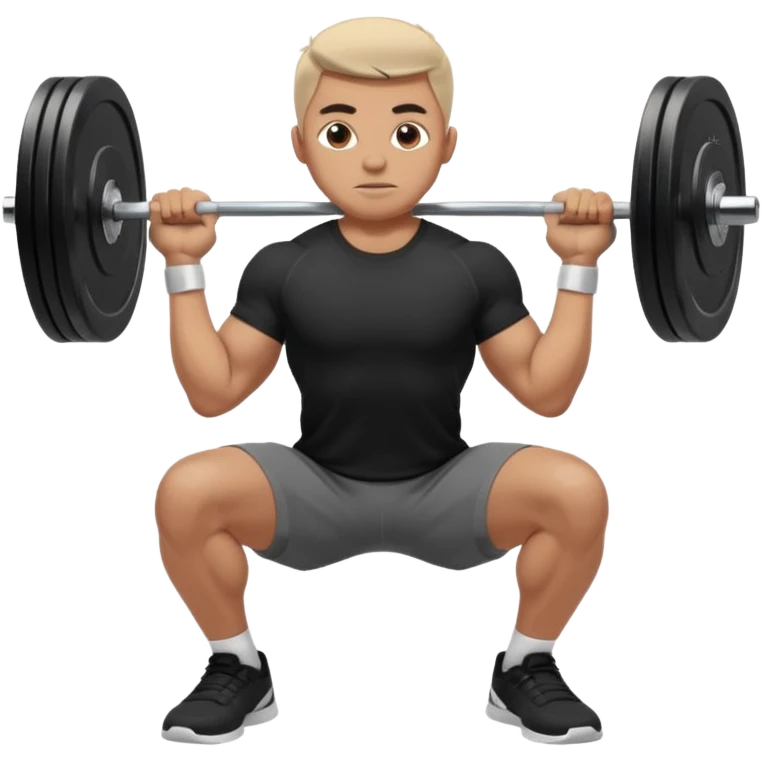 Hombre vestido con playera negra, pants gris y tenis blancos tipo jordan haciendo sentadilla libre con barra con un disco de 20 kilos por lado  emoji