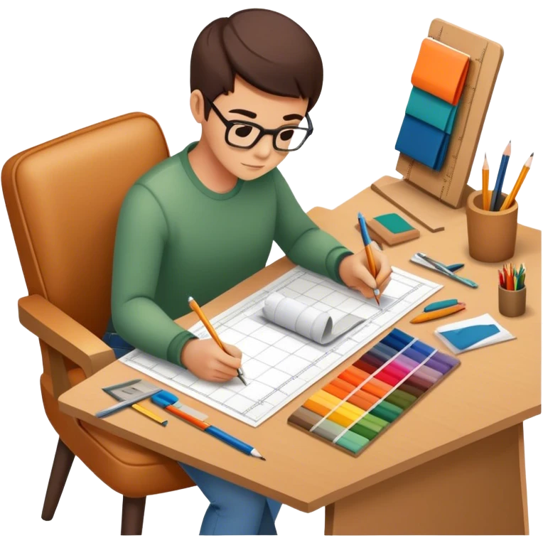Icon for Furniture Design: a workspace with a designer sketching a piece of furniture, surrounded by design tools like a ruler, pencil, fabric swatches, and a 3D model of the furniture. The icon should represent the design process and creativity in furniture making. Transparent background. emoji