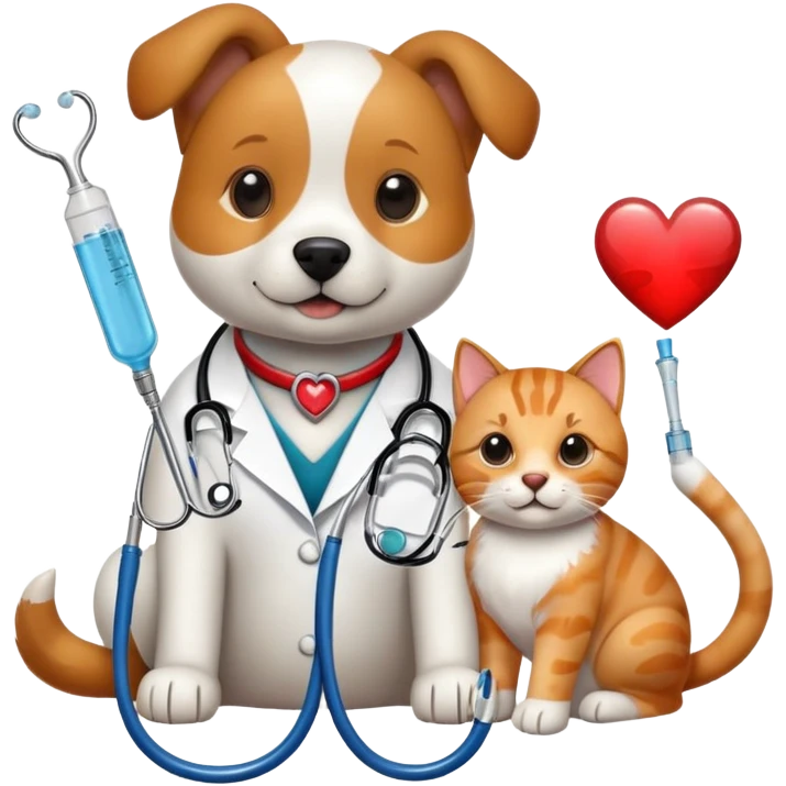 An icon featuring a stethoscope, a paw print, and a veterinary syringe, symbolizing veterinary medicine. The design includes a dog, a cat, and a heart, representing animal care, treatment, and health. Transparent background highlights the science of veterinary practice and animal welfare. emoji