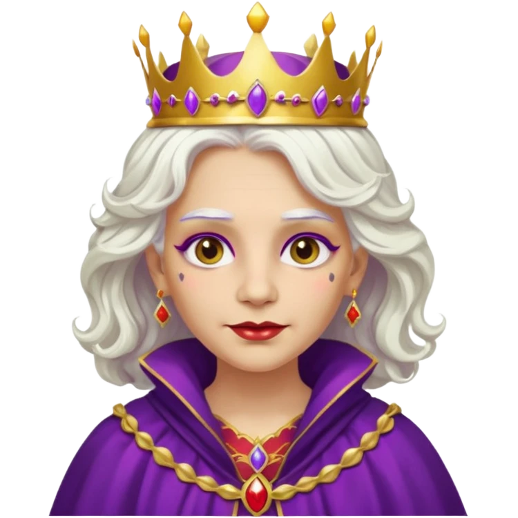 Queen with wavy white hair – golden crown, purple robe, red face paint mark emoji