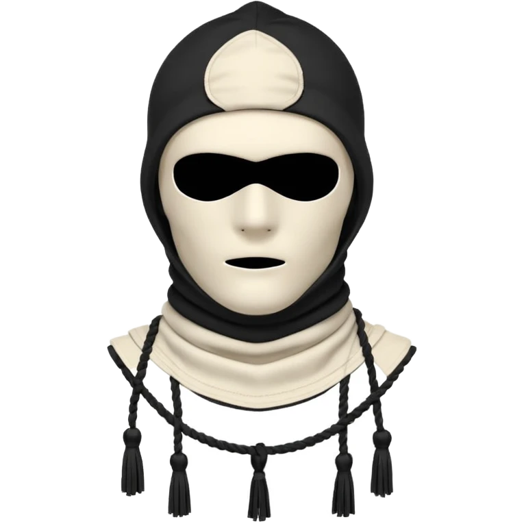 Deconstructed off-white balaclava with frayed layers, rope tassels, subtle embroidery. Studio photo, white bg, soft light. Streetwear luxury style.
 emoji