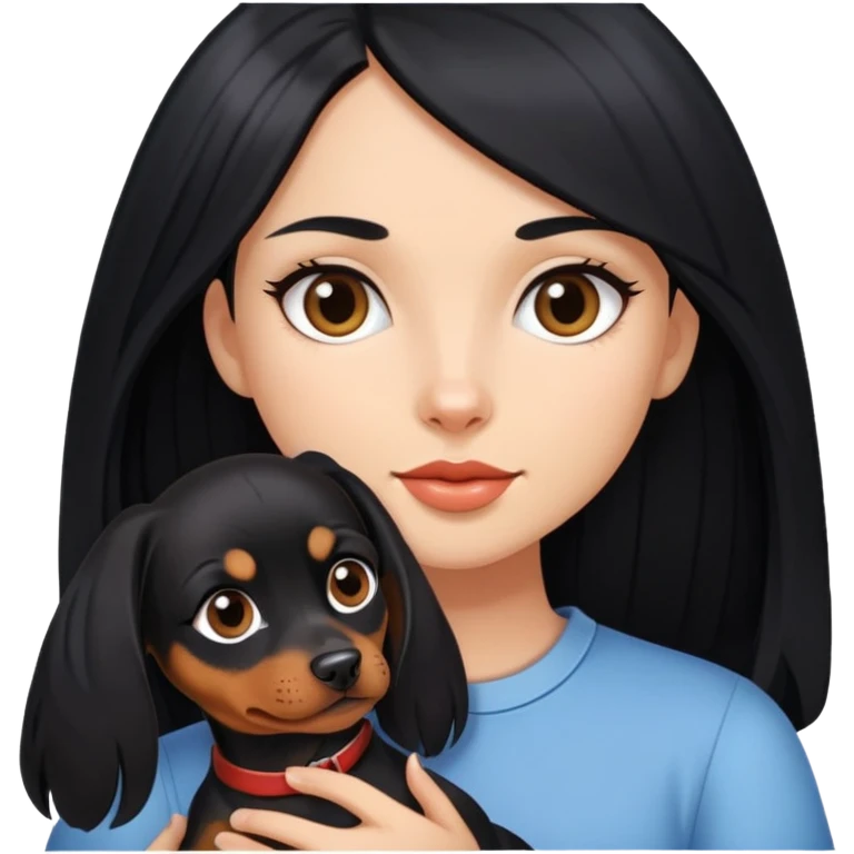 A girl with long black hair holding a Pinscher dog emoji