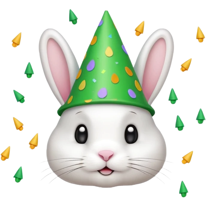Rabbit in Green Party Hat – white bunny with cone party hat and confetti. emoji