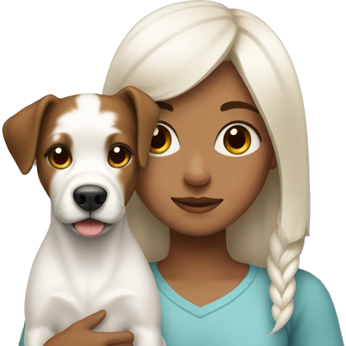 Girl with brown hair carrying white dog that has one black ear emoji