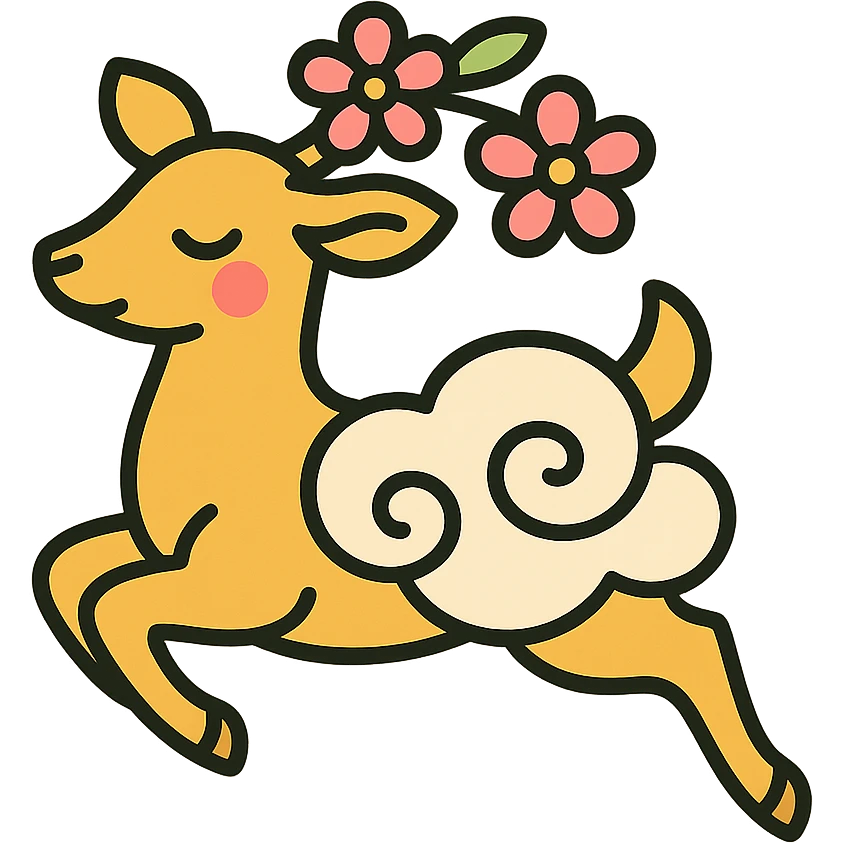 feminine adult vanilla cloud doe with rosy cheeks and cherry flowers, floating gracefully, minimalist style, brand identity, social media emoji