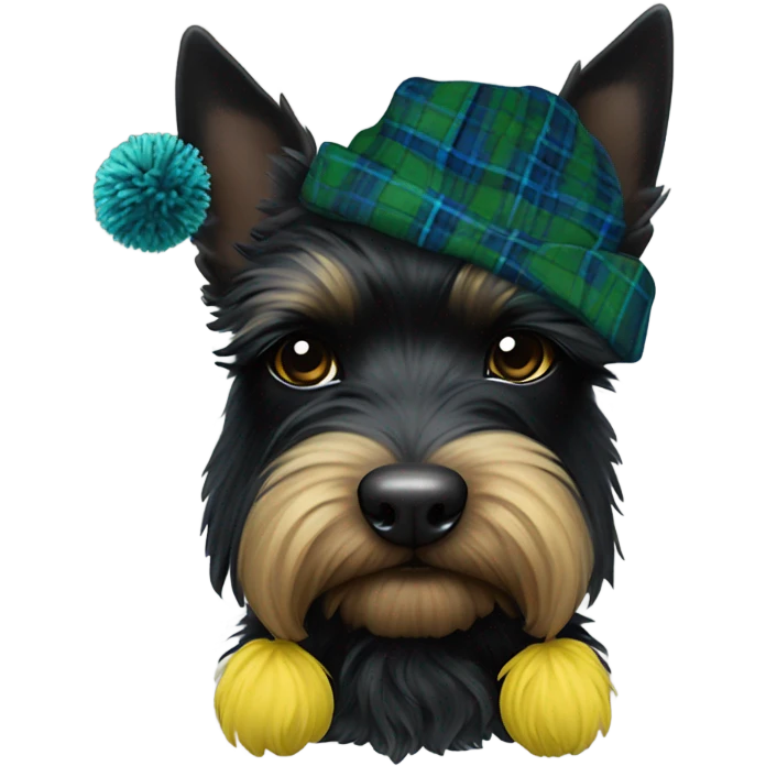 Black Scottie dog wearing a blue and green tartan tam hat with a yellow Pom-pom on top  emoji