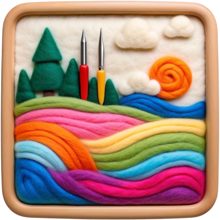 Felt art creation icon, layers of colorful felt being carefully shaped with felting needles into a large picture or decorative design, visible hand tools like felting needles, no finished artwork, just the process of felting, minimalistic style, clean lines, transparent background. emoji