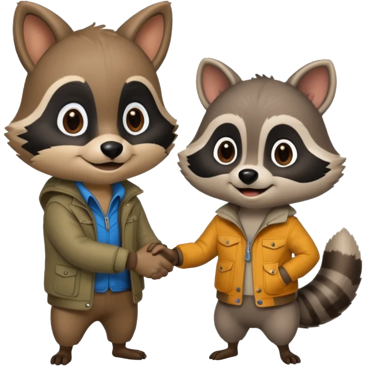 person and racoon standing full body looking at each other and giving a hand shake. cartoon style emoji