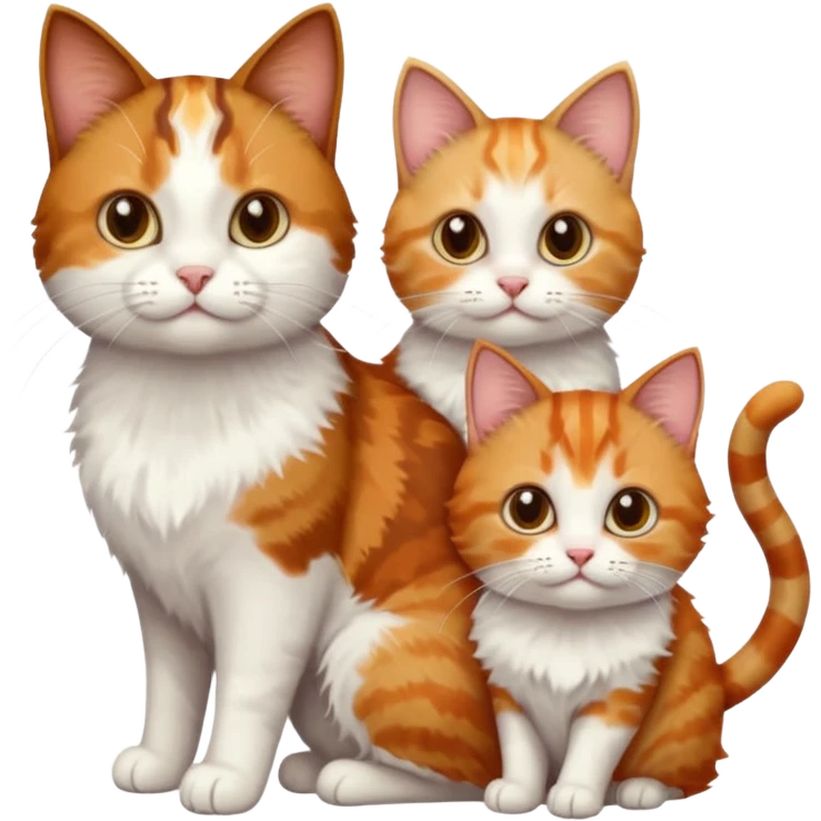 3 different coloured small cats including a dark brown tabby and white, and a patchy calico, and a ginger and white emoji